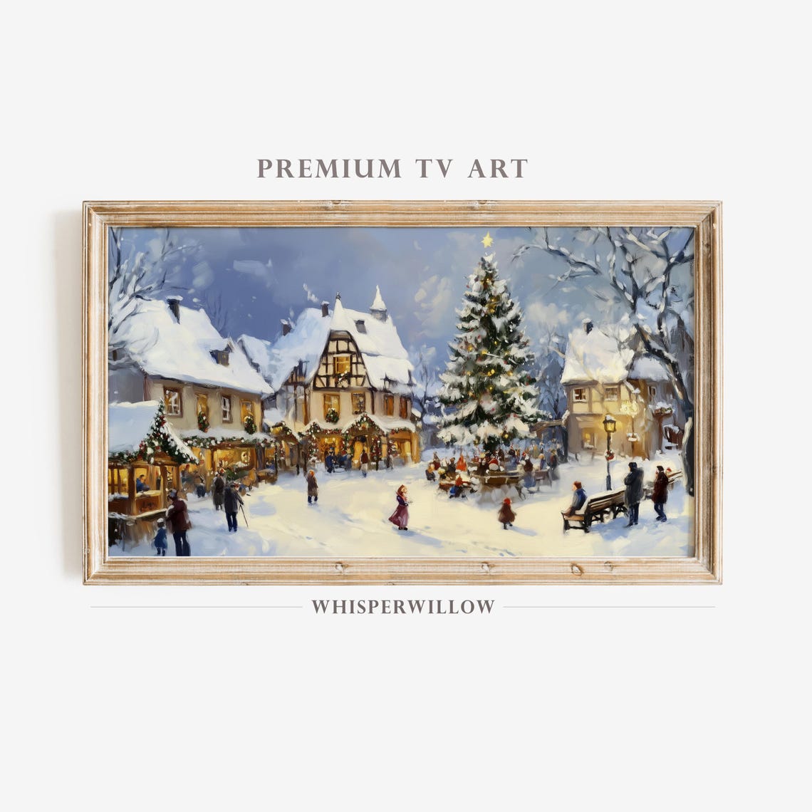 Snowy European Village Square Grand Christmas Tree Night Poster