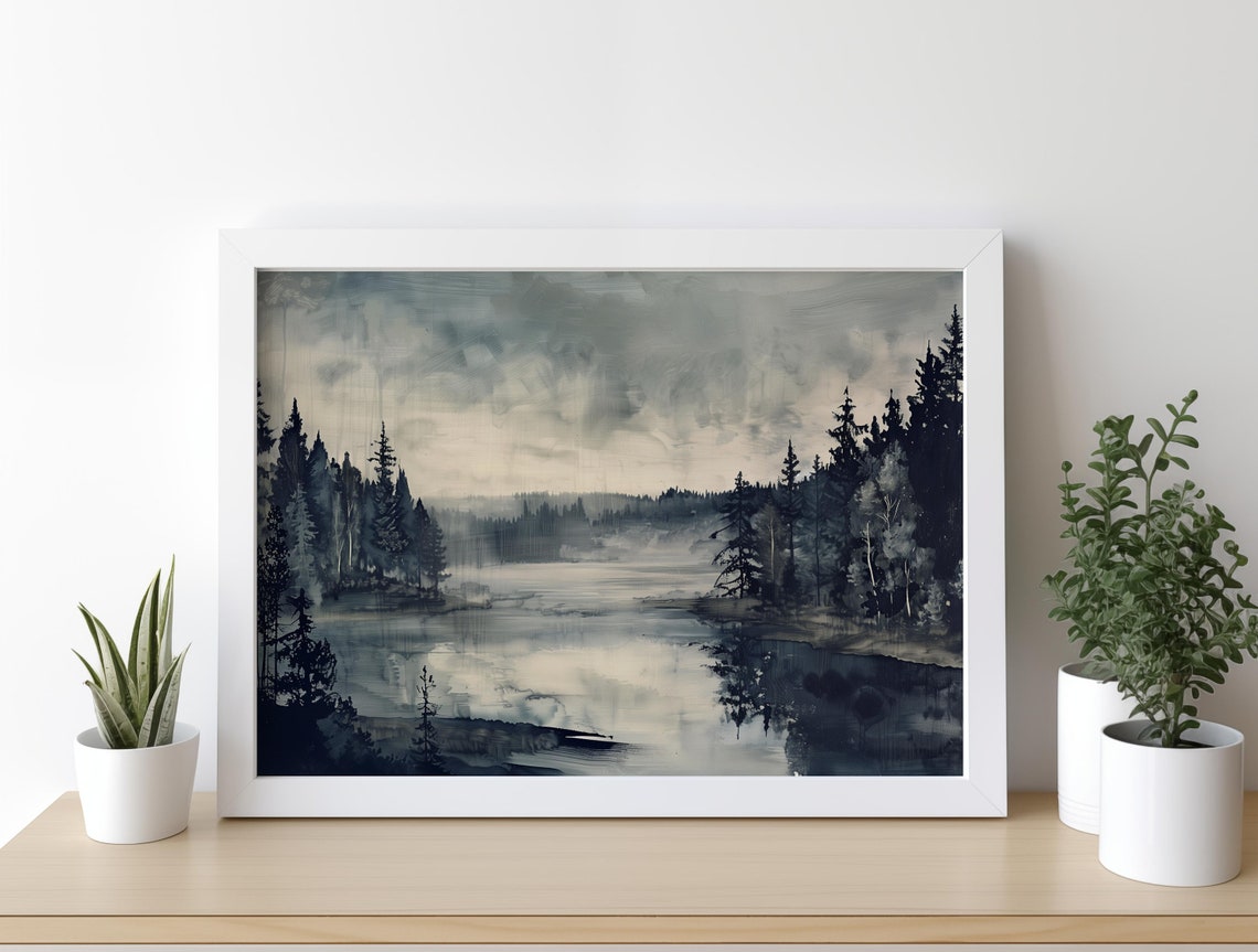 Misty Forest Lake Pine Trees Gray Fog Moody Nature Art Poster - Image 2