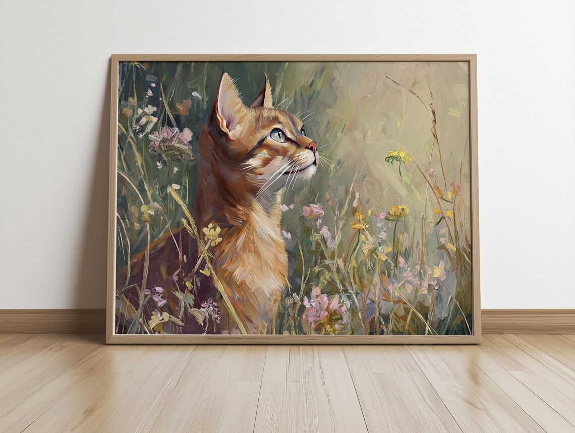 Abyssinian Cat Gazing Upward Wildflower Meadow Side Profile Painting Poster - Image 4