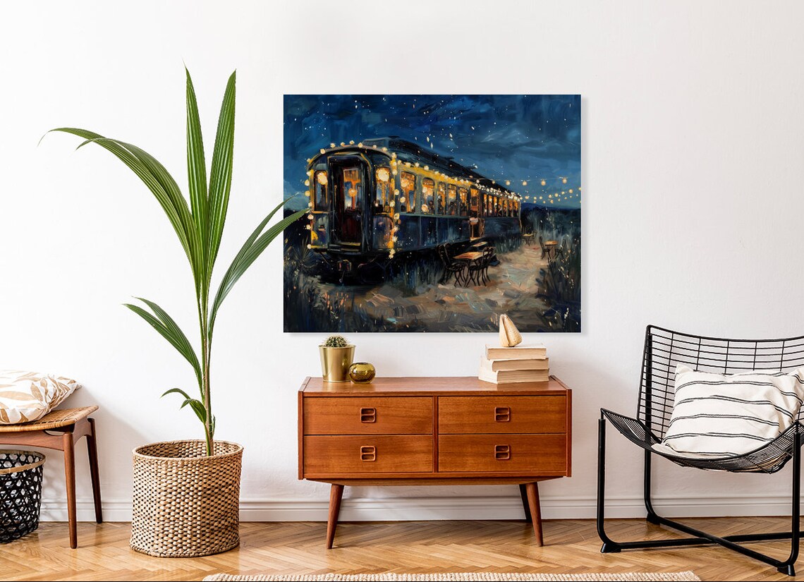 Vintage Train Car Restaurant Painting String Lights Starry Night Poster - Image 4
