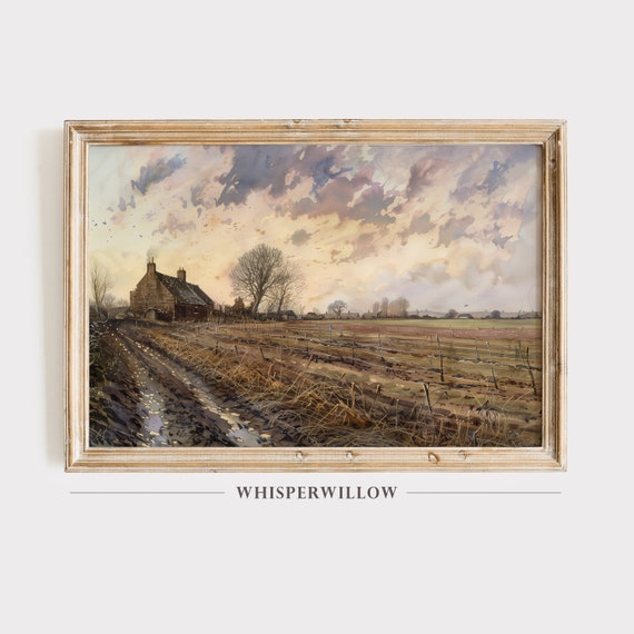 Dew Farm Fields Vintage Watercolor Painting Antique Farmhouse Wall Decor Instant Print