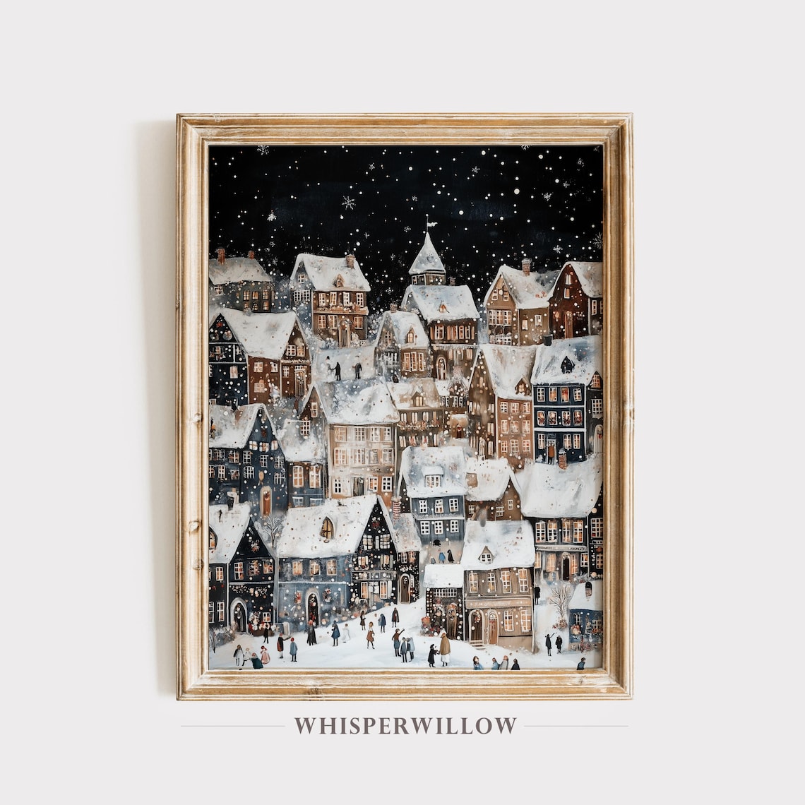 Charming Snowy Village Starry Night Christmas Town Scene Wall Art
