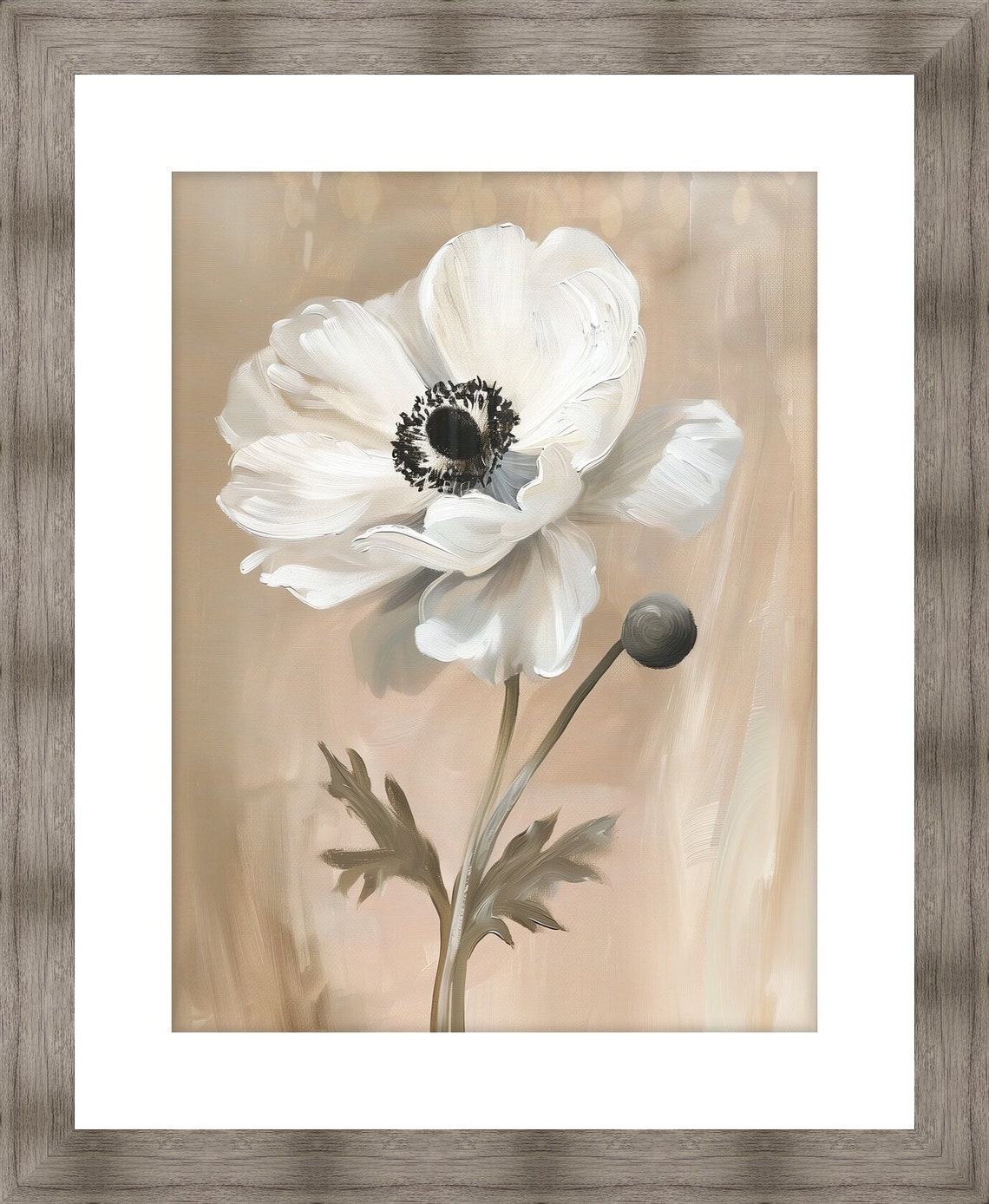 White Anemone Bloom Single Flower Still Life Painting Neutral Wall Art - Image 2