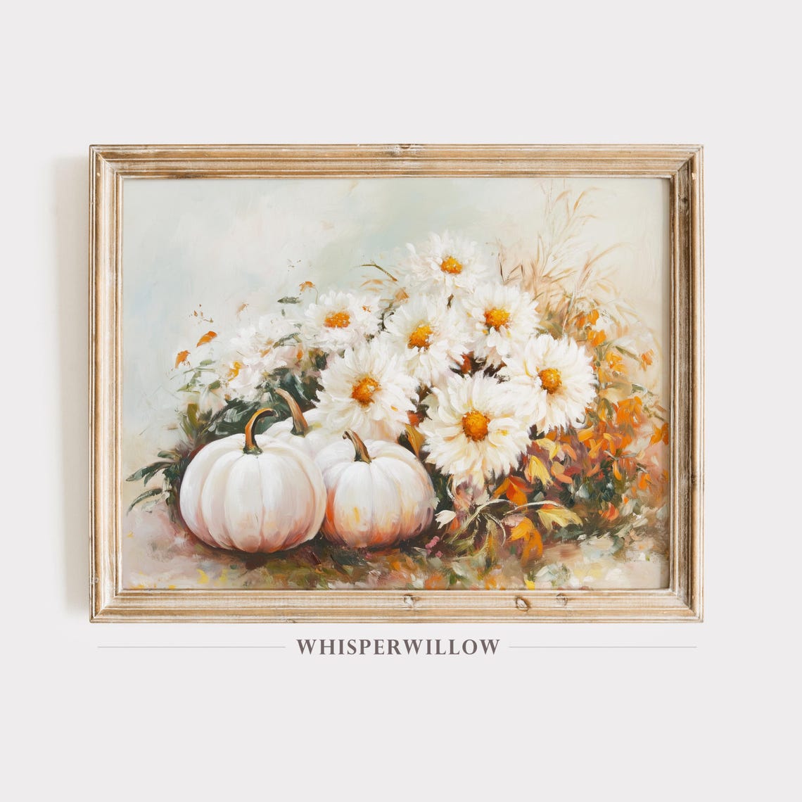 White Pumpkins and Daisies Autumn Bouquet Vintage Style Poster