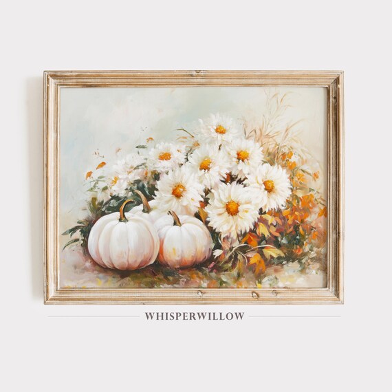 White Pumpkins and Daisies Autumn Bouquet Vintage Style Poster