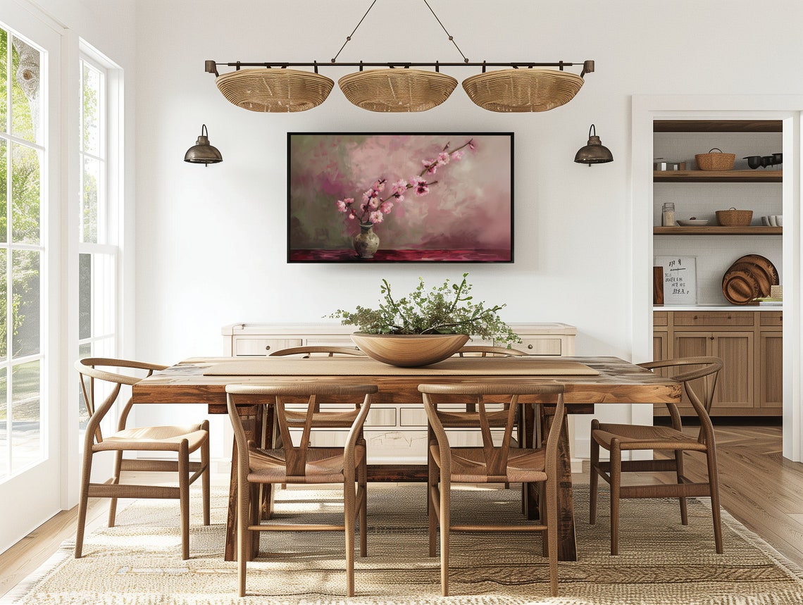 Pink Cherry Blossom Branch in a Rustic Vase Still Life Poster - Image 5