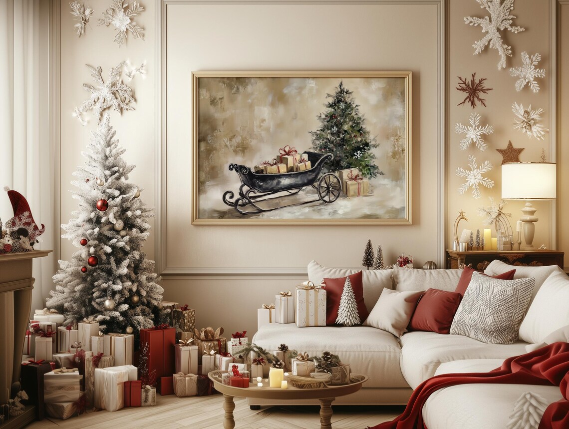 Vintage Sleigh with Christmas Gifts beside Decorated Tree Poster - Image 2