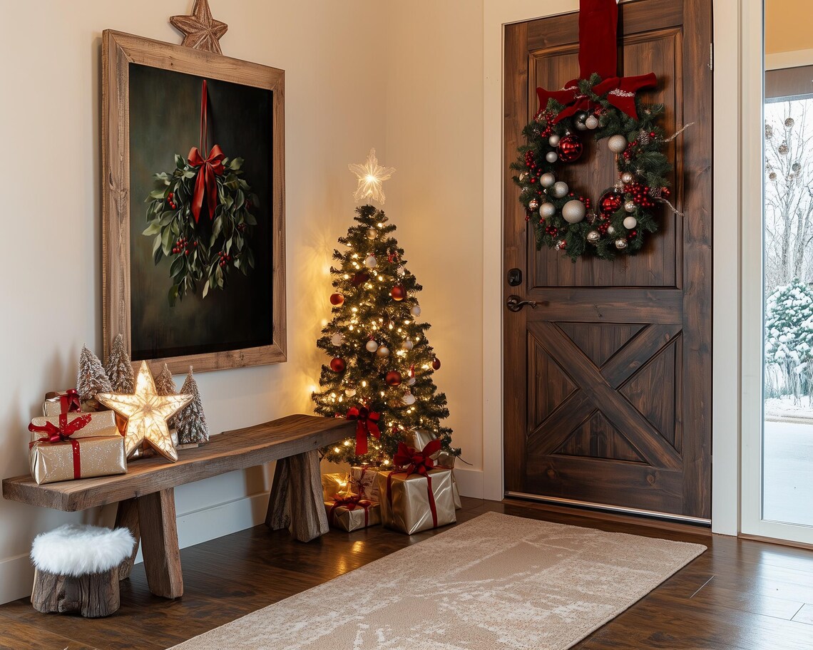 Moody Dark Christmas Wreath with Red Ribbon Vintage Style Poster - Image 3