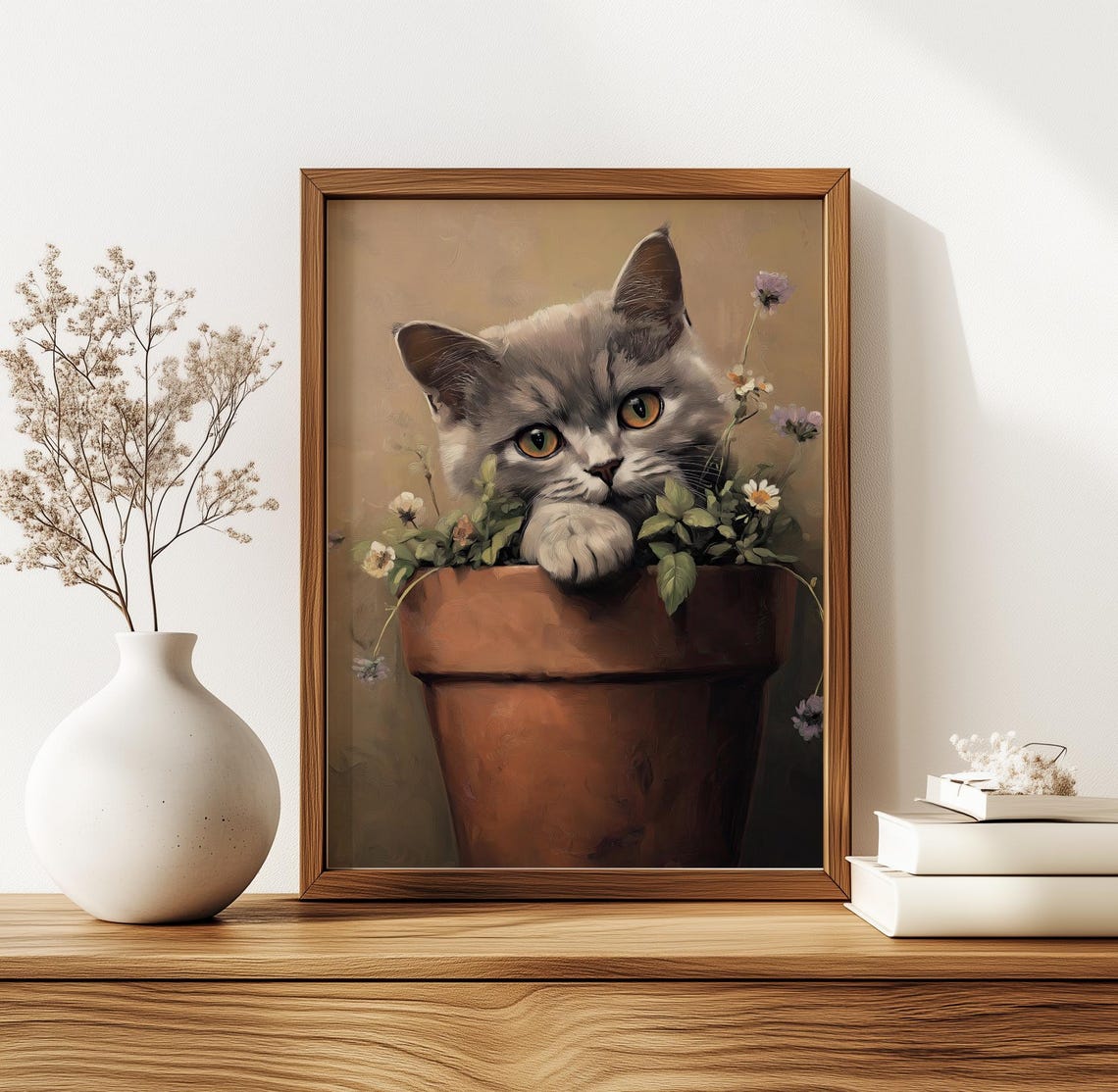 Gray Kitten Peeking Out of a Flower Pot Cute Painting Poster - Image 5