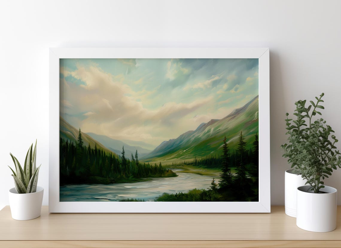Mountain River Valley Pine Forest Wilderness Vintage Landscape Poster - Image 3