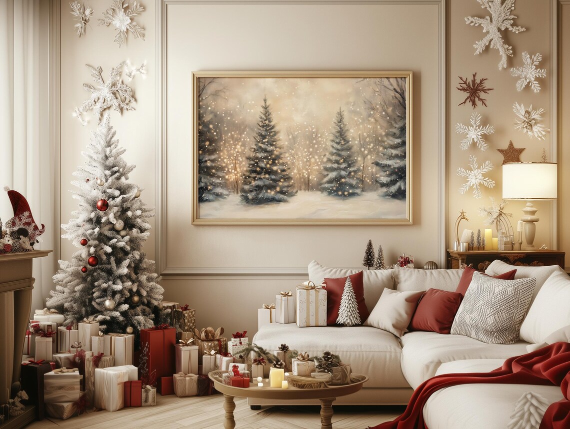 Forest Christmas Tree Lights, Holiday Landscape Art Print - Image 2