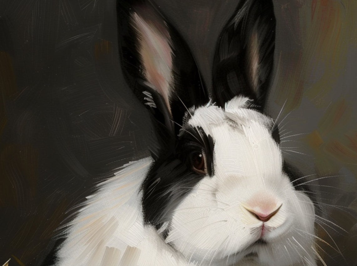 Two Black and White Rabbits Resting in Golden Hay Art Poster - Image 6