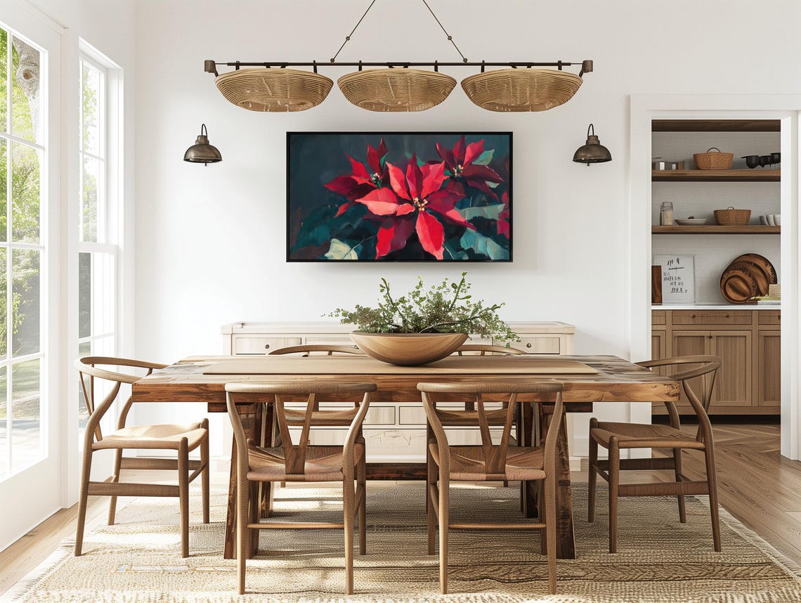 Frame Tv Art Vibrant Red Holiday Poinsettia Painting Christmas Spirit Home Decor Winter Green Flower Art - Image 5