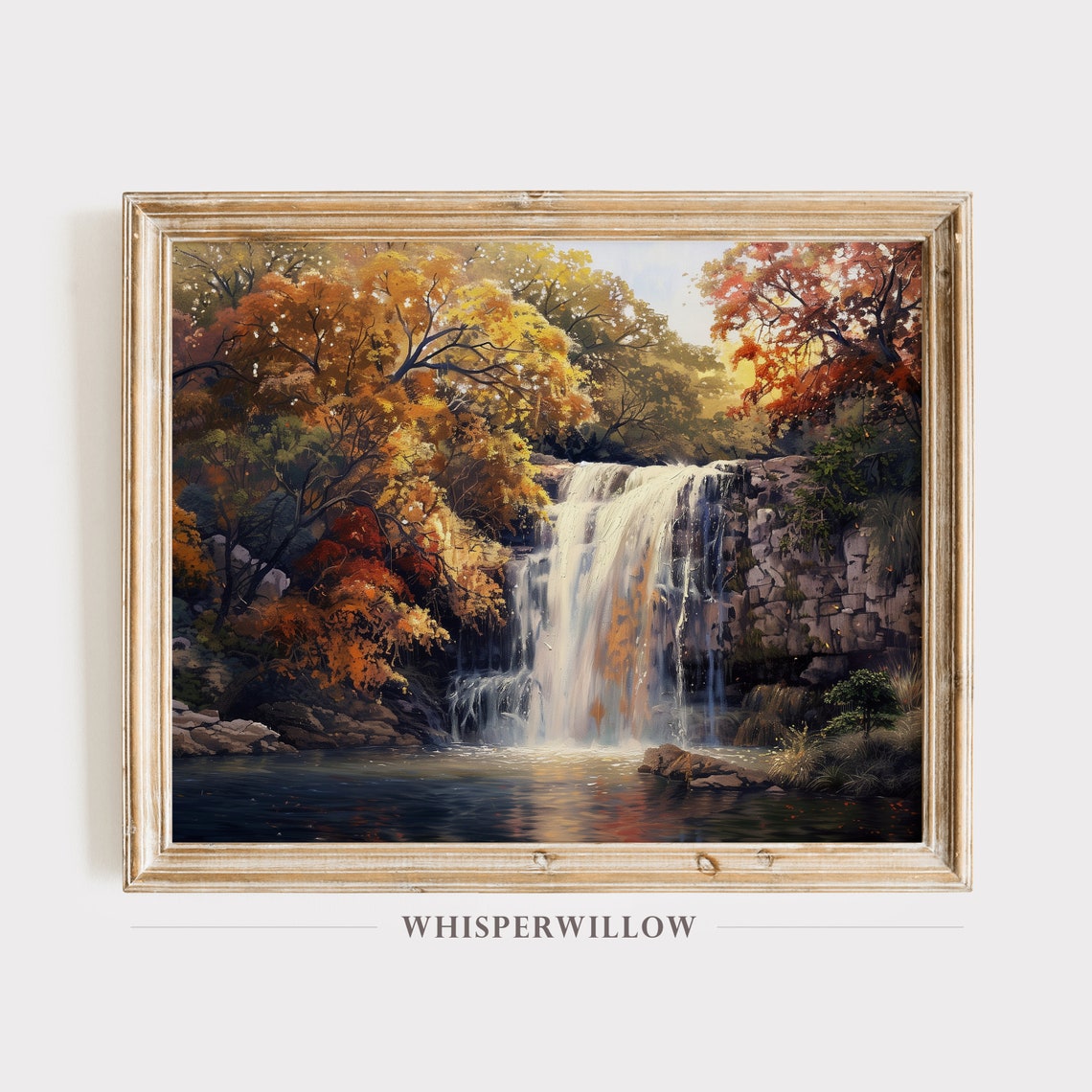 Autumn Waterfall Scene with Vibrant Fall Foliage Oil Painting Poster