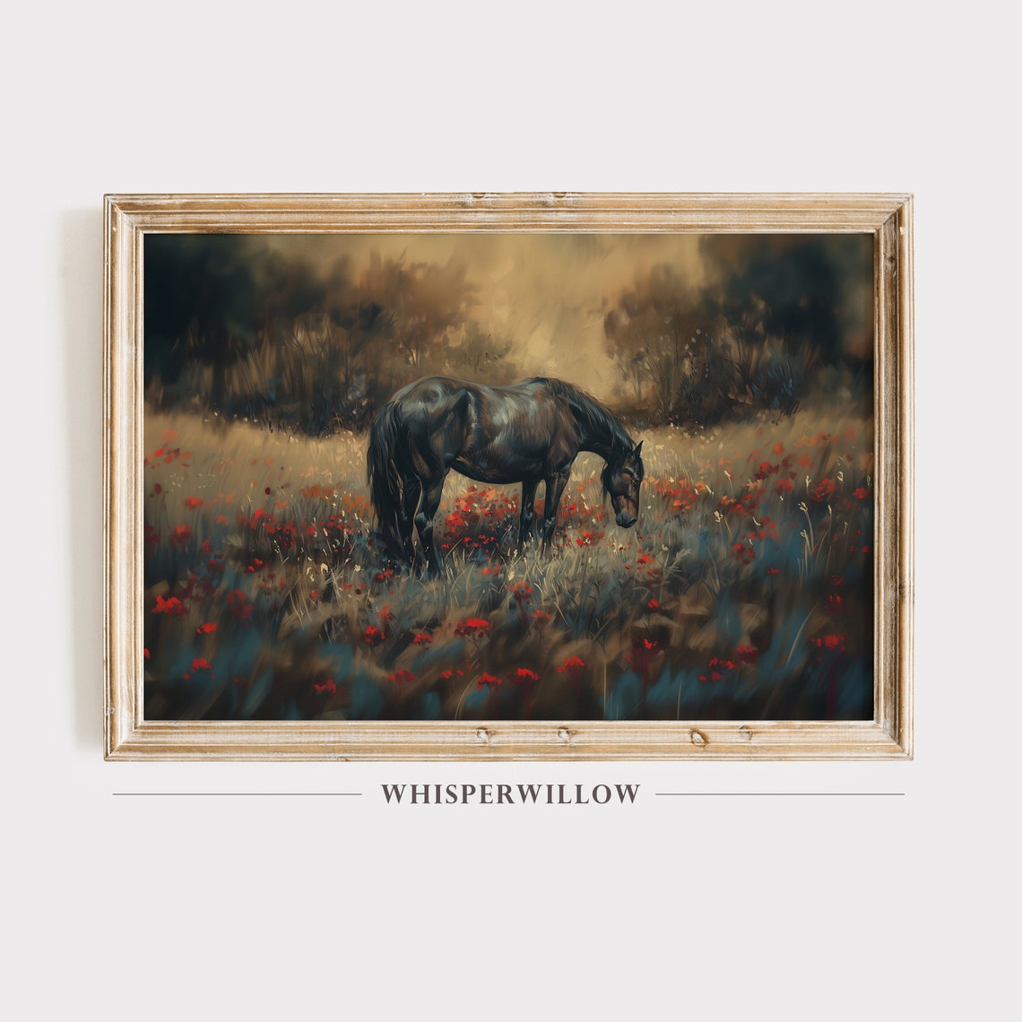 Black Horse in Red Poppy Field Dramatic Moody Equestrian Poster