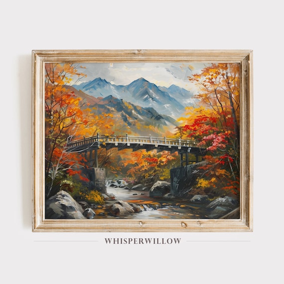 Bridge Mountain Landscape Painting Print Fall Colors Scenery Nature And Landscape Art Wall Decor Instant Print