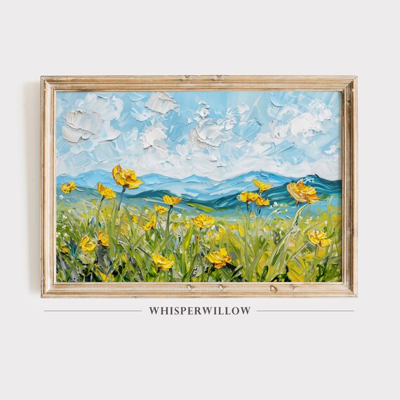 Yellow Buttercup Wildflowers Blue Mountain Impasto Meadow Poster