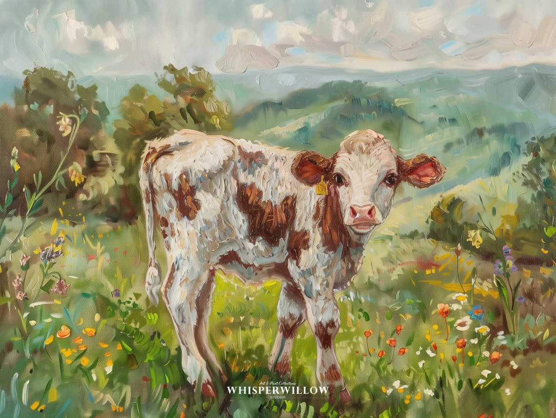 Sweet Brown and White Calf in a Flower Meadow Painterly Poster - Image 6