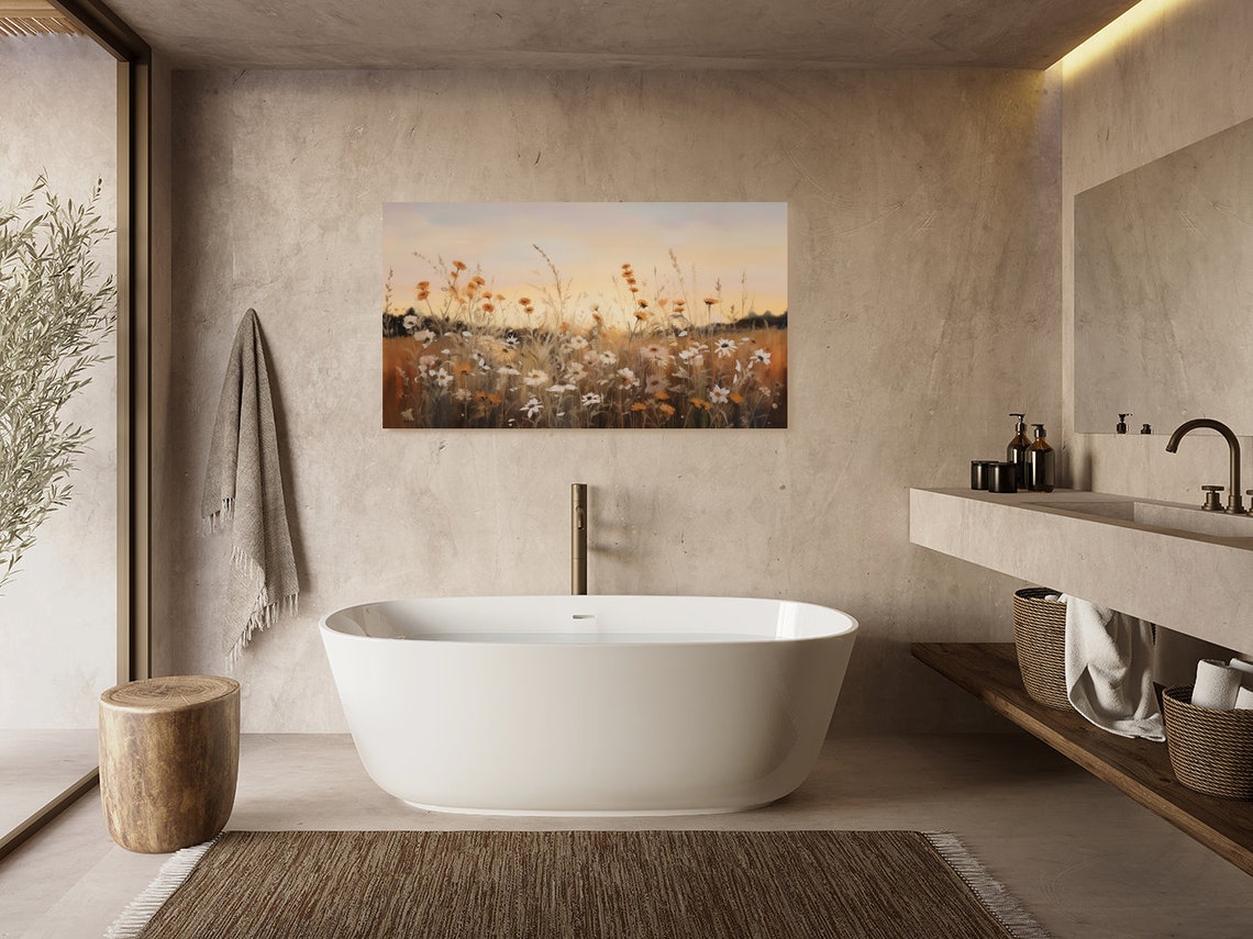 White and Orange Wildflowers Sunset Meadow Painting Art Poster - Image 4