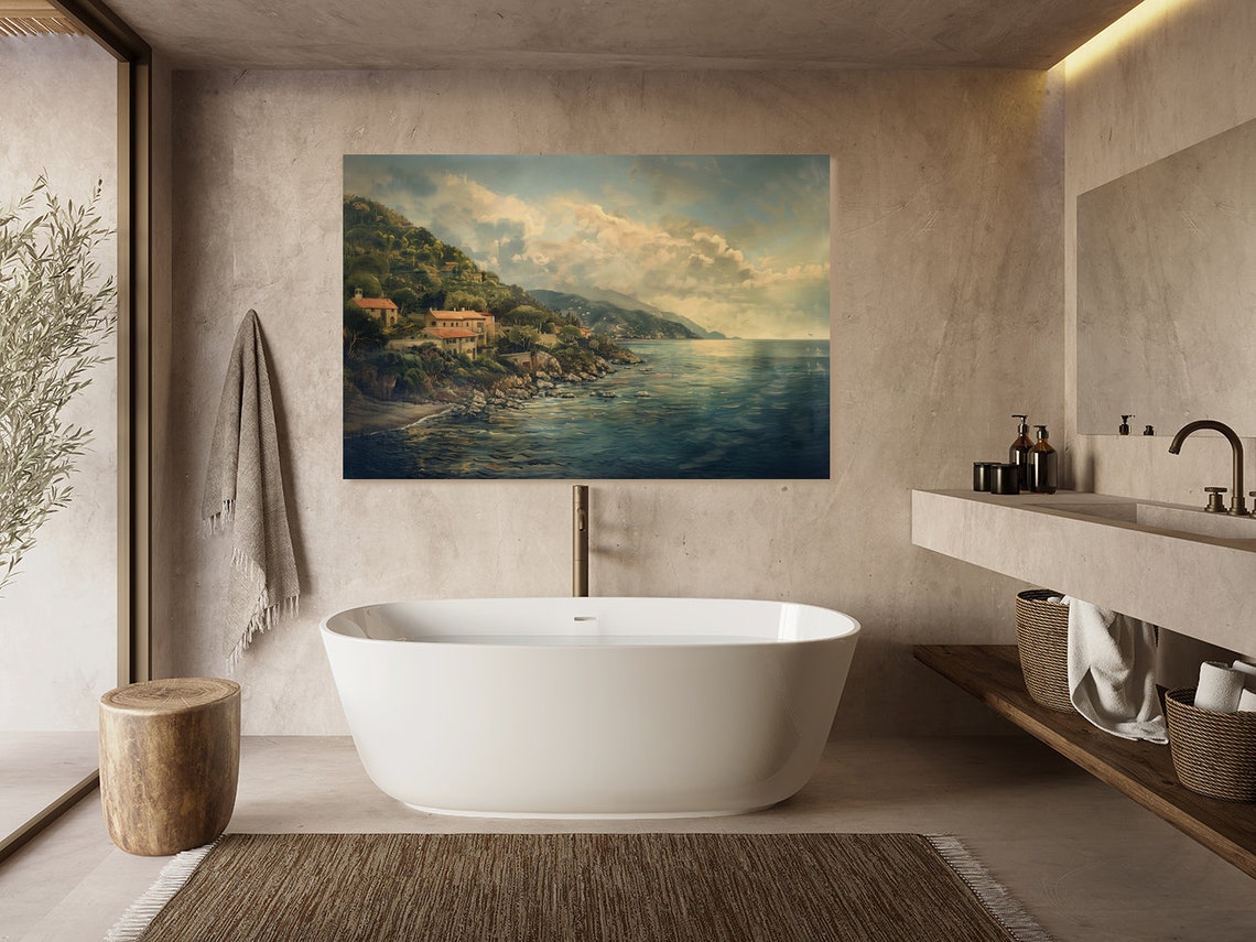 Mediterranean Coastal Village at Golden Hour Painting Poster - Image 3