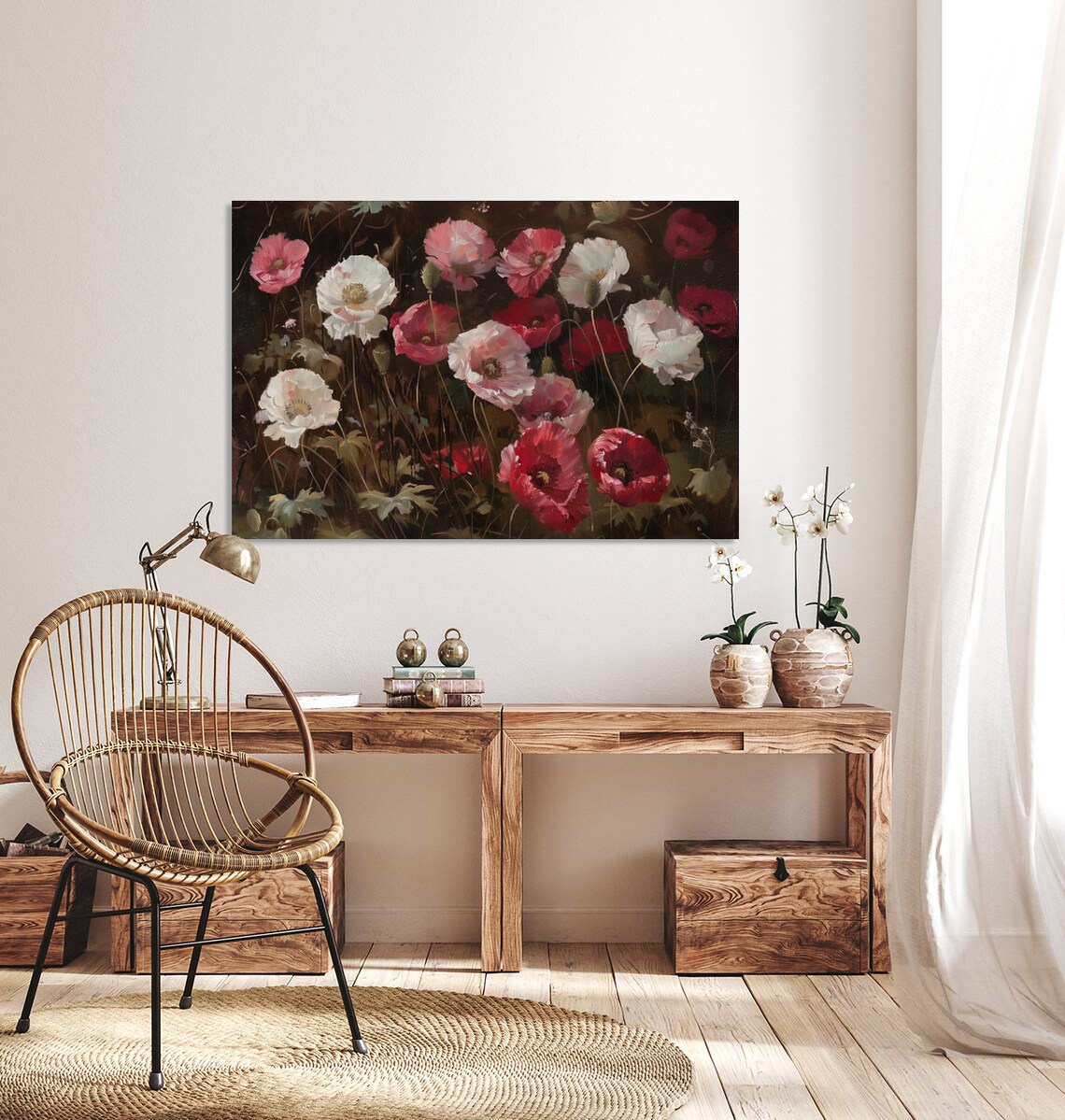 Pink Red And White Poppies On Dark Moody Floral Oil Painting Poster - Image 2