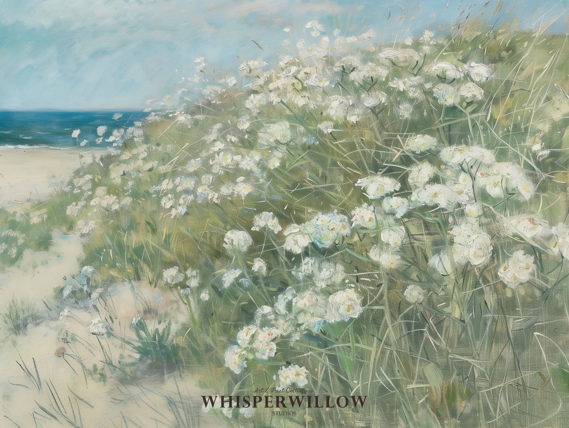 White Wildflowers On Coastal Sand Dunes Breezy Seascape Art Poster - Image 6