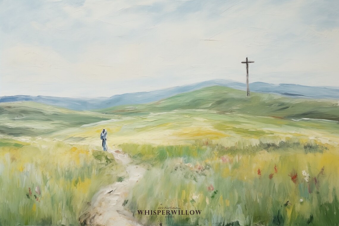 Cross on a Green Hill Christian Faith Meadow Landscape Art Poster - Image 6