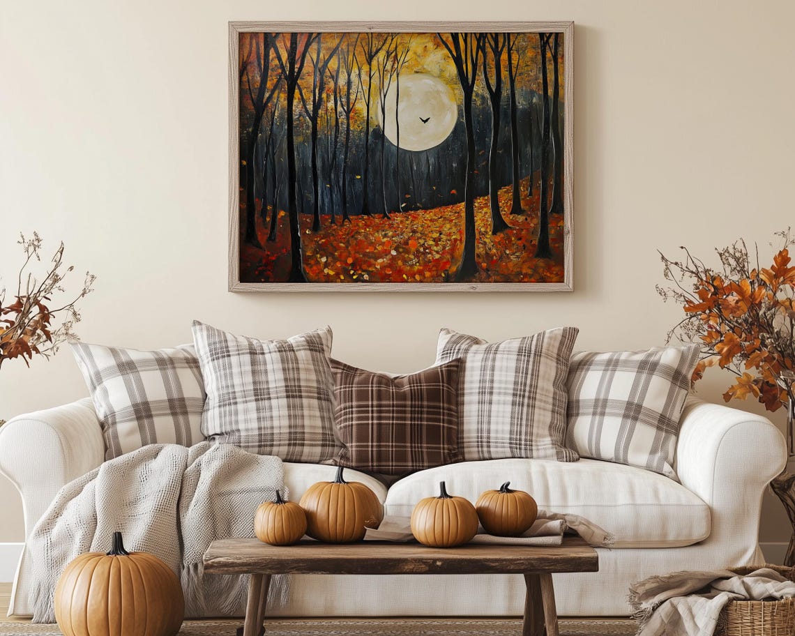Autumn Forest Moonlight Painting Full Moon Dark Woodland Poster - Image 3