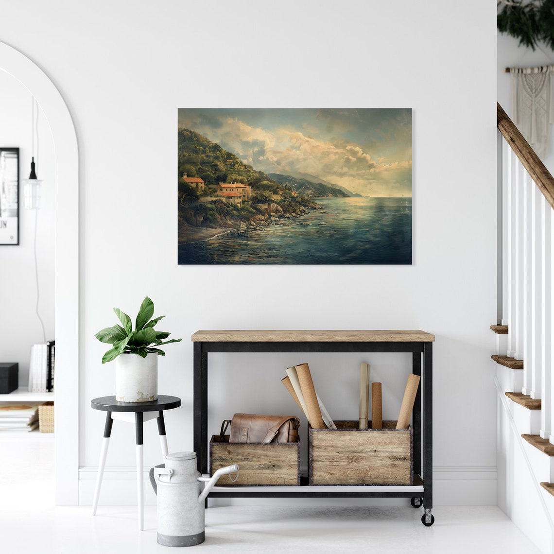 Mediterranean Coastal Village at Golden Hour Painting Poster - Image 5