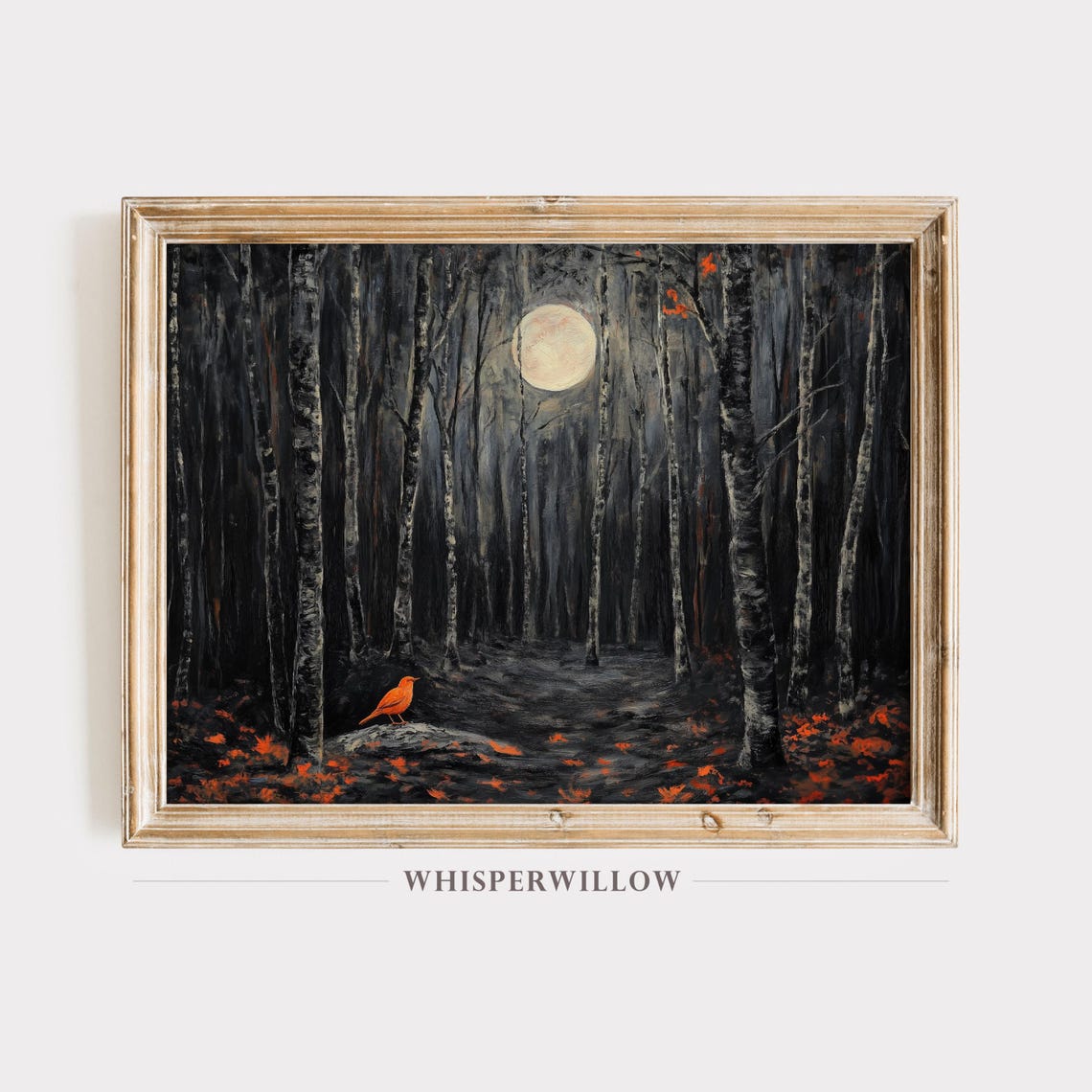 Orange Bird in Moonlit Forest Painting Full Moon Path Art Poster