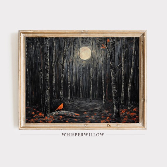 Orange Bird in Moonlit Forest Painting Full Moon Path Art Poster