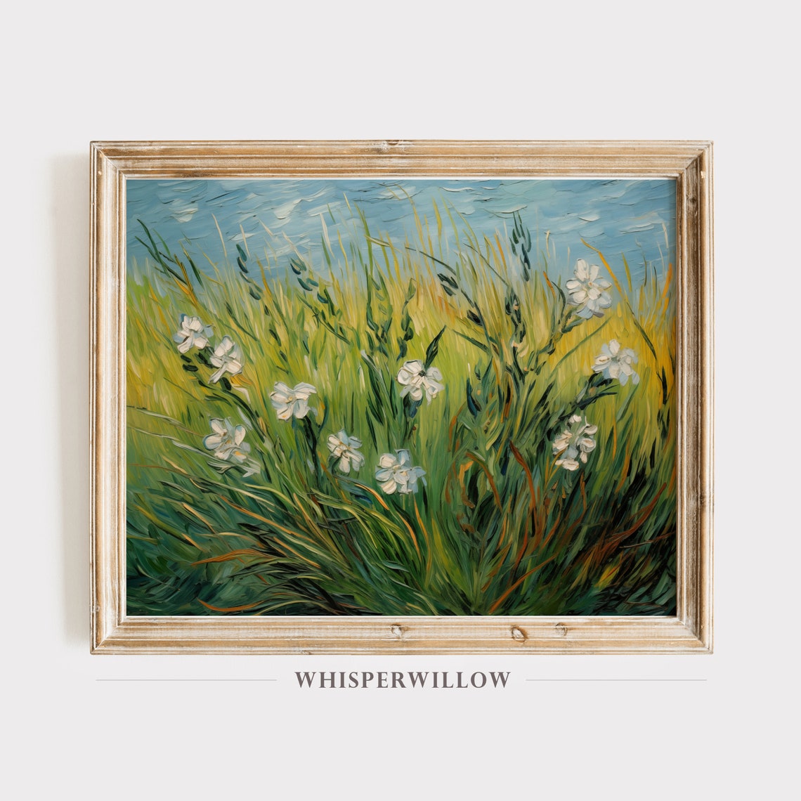 White Wildflowers Wheat Field Van Gogh Style Impressionist Poster