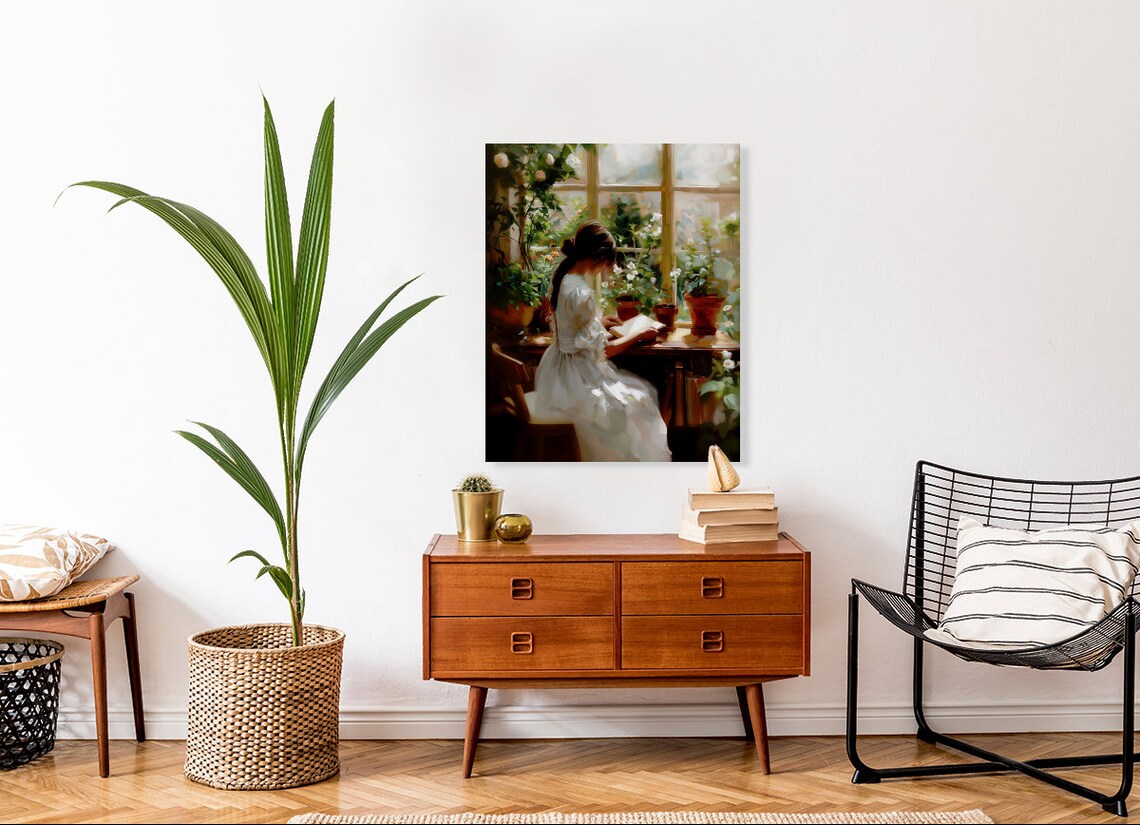 Young Girl Reading Sunny Window Potted Plants Vintage Painting Poster - Image 4