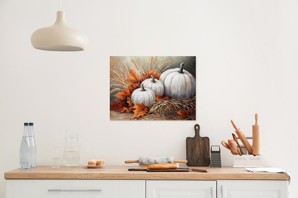 White Pumpkins Fall Arrangement Painting Wheat Harvest Poster - Image 2