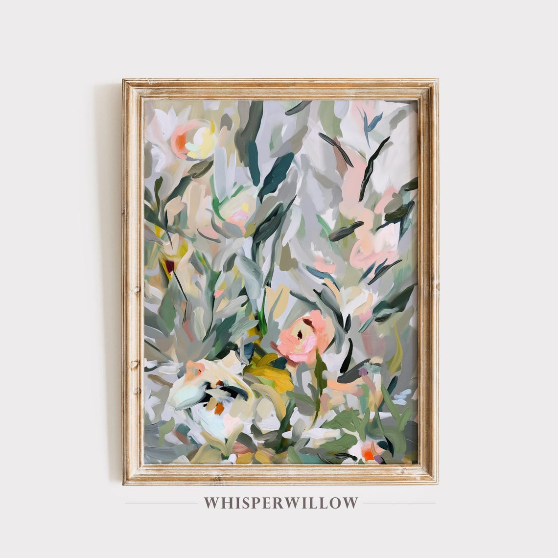 Abstract Spring Flowers Sage Green Pink Floral Painting Poster