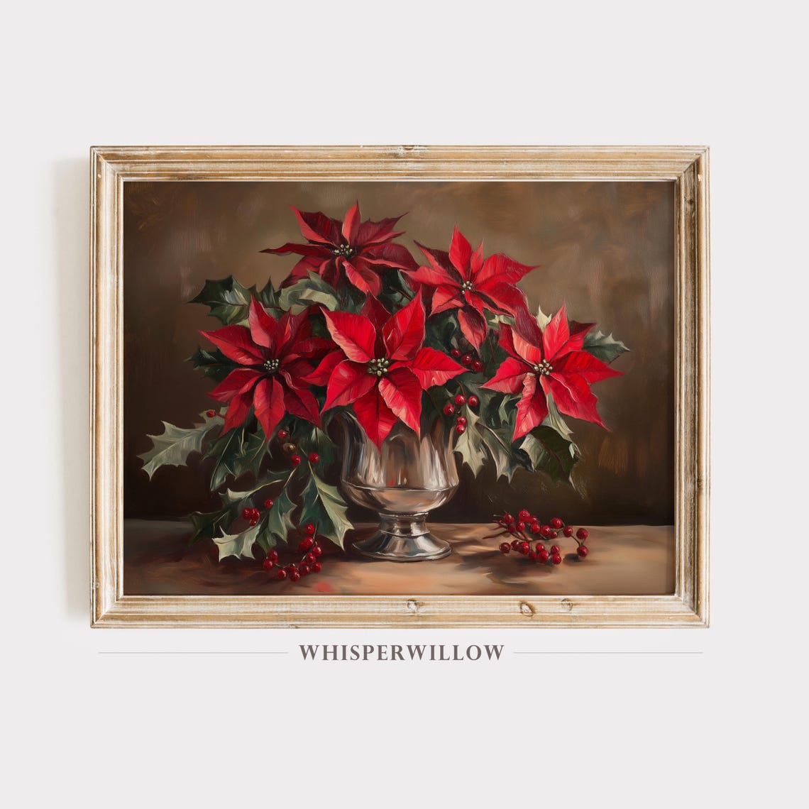 Vintage Red Poinsettia Still Life with Holly Berries Christmas Poster