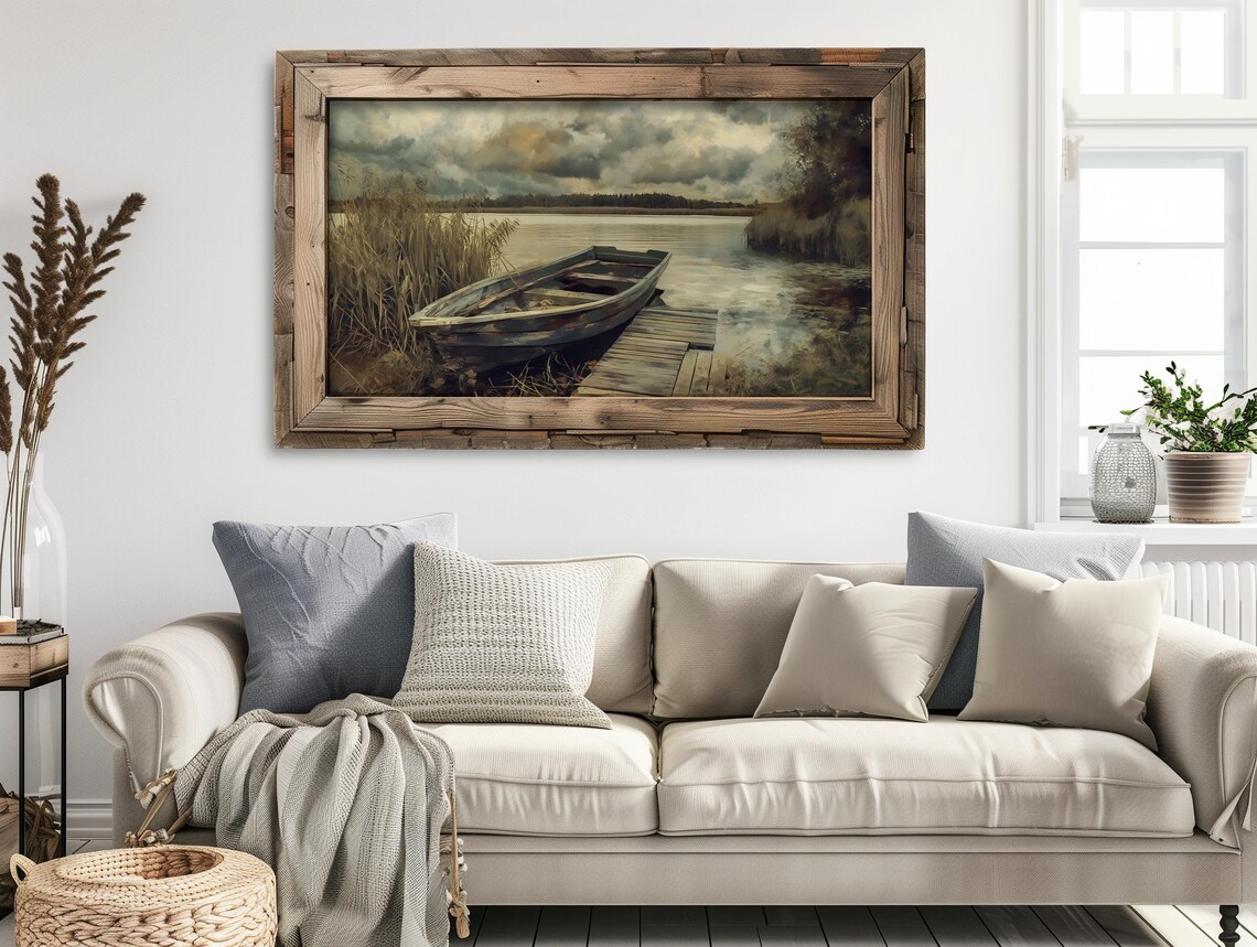 Weathered Rowboat At Lakeside Dock Moody Vintage Oil Painting Poster - Image 5