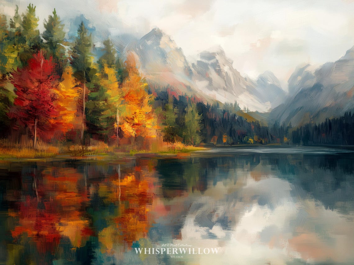 Autumn Lake Landscape Painting Vibrant Foliage Mountain Poster - Image 6