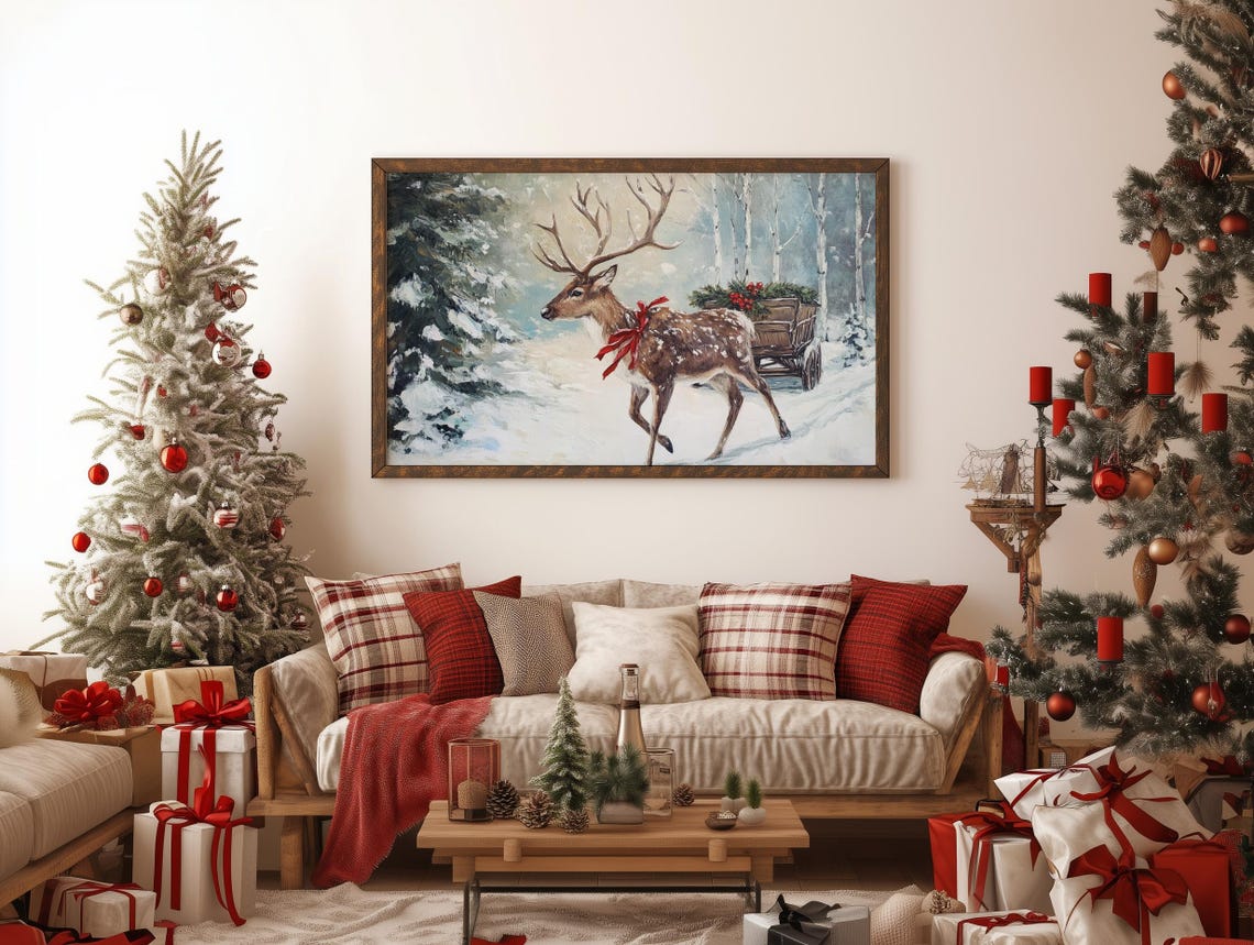Christmas Reindeer Sleigh Cart in Snowy Birch Woods Winter Poster - Image 4