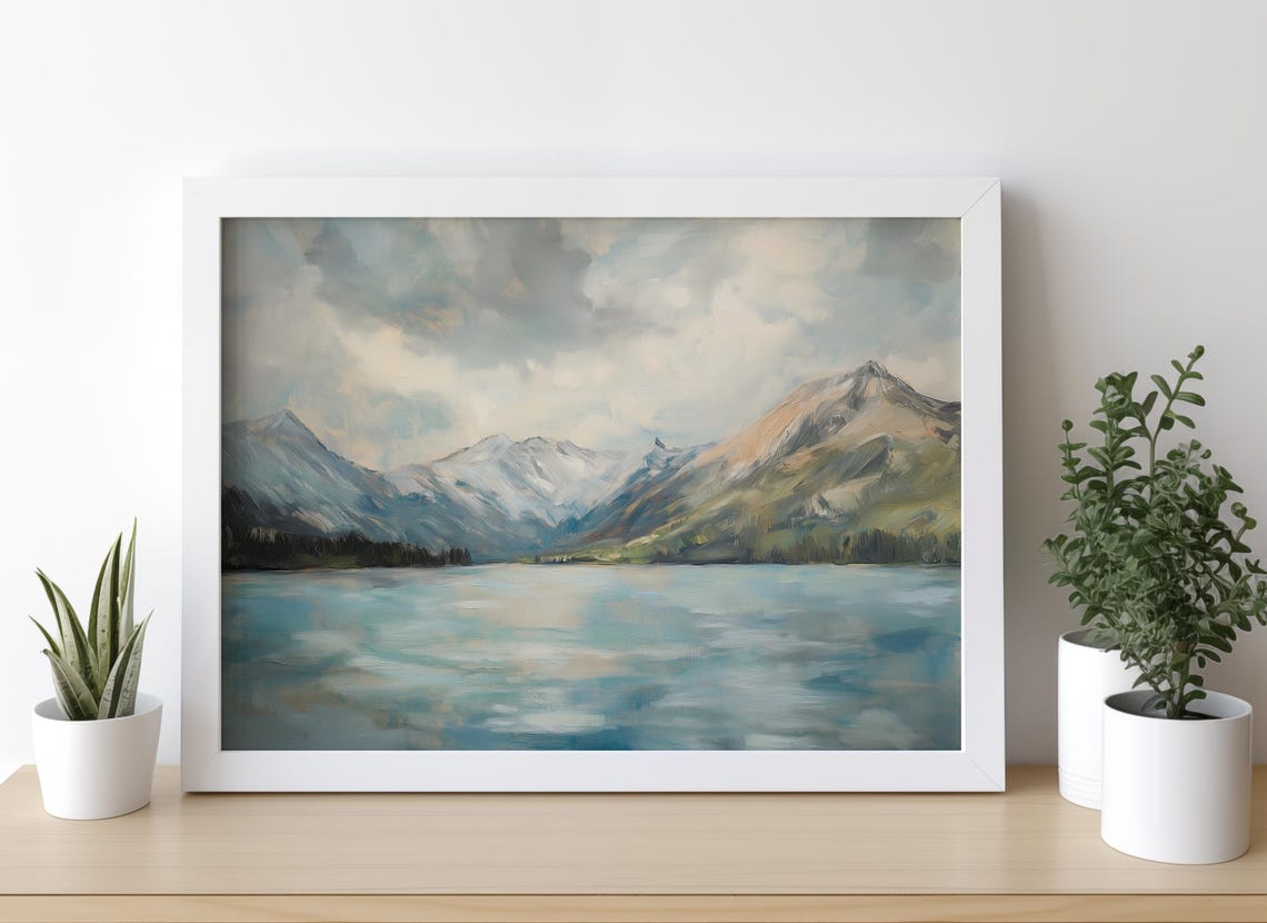 Snow Capped Mountains Over a Calm Blue Lake Painting Art Poster - Image 2