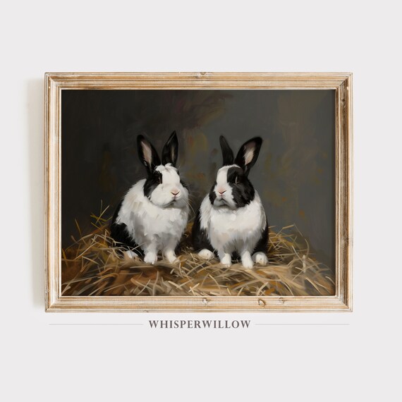 Two Dutch Rabbits in Straw Vintage Black and White Bunny Poster