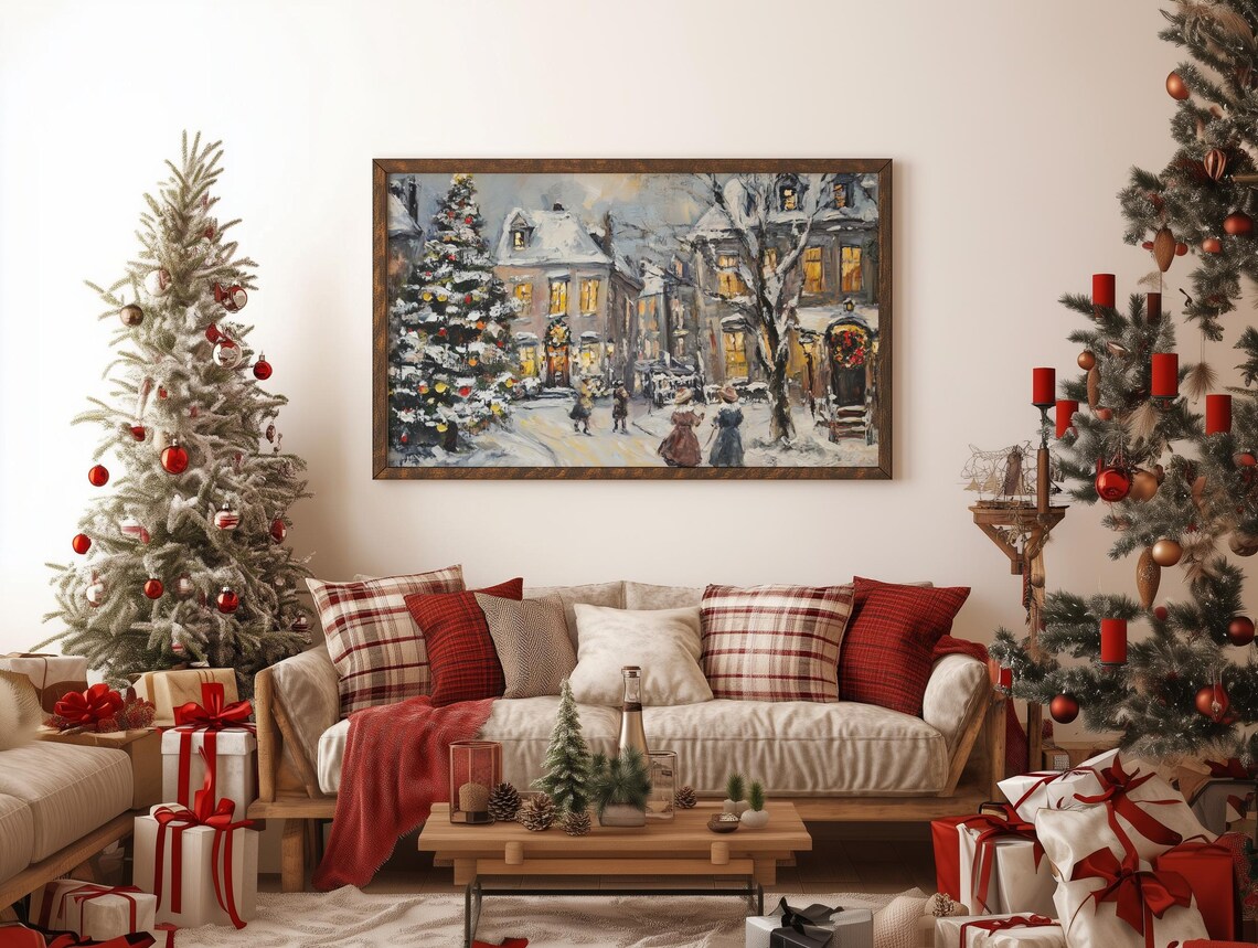 Snowy Christmas Village Street with Carolers Vintage Painting Poster - Image 5