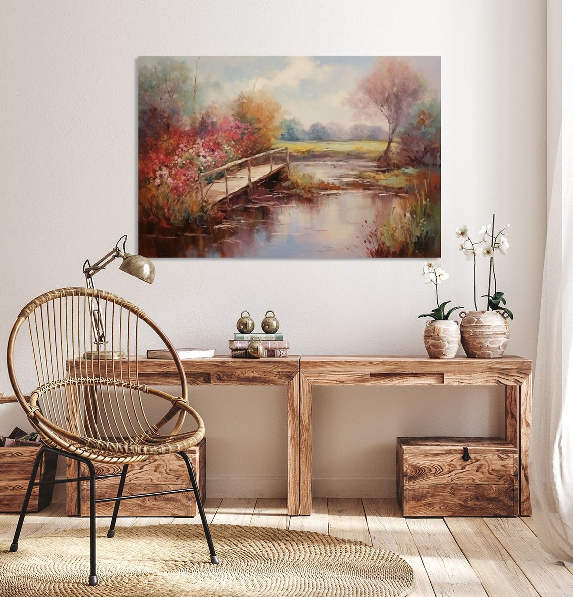 Wooden Footbridge Over Reflecting Pond Autumn Garden Vintage Poster - Image 5