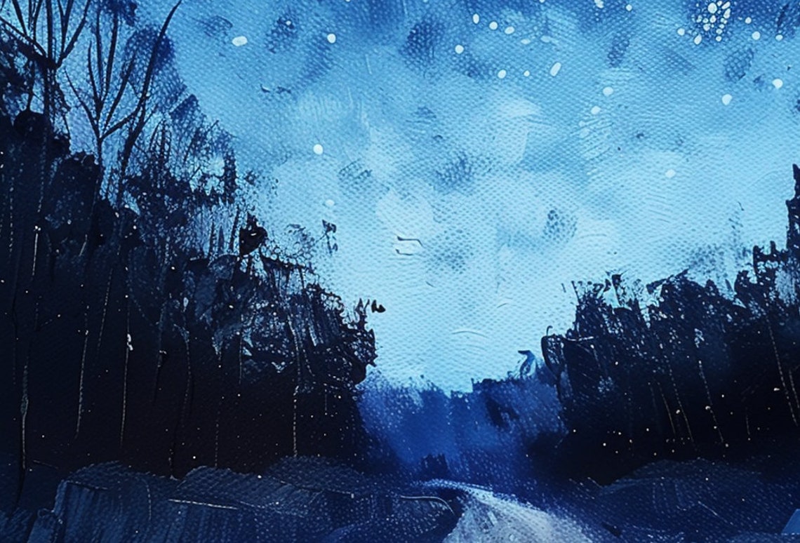Glittering Starry Night Sky Over Moonlit Snowy Forest Road Poster - Image 6