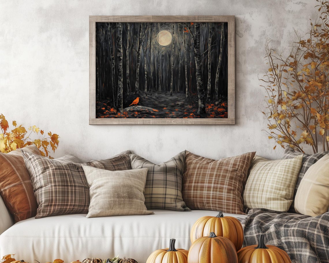 Orange Bird in Moonlit Forest Painting Full Moon Path Art Poster - Image 3