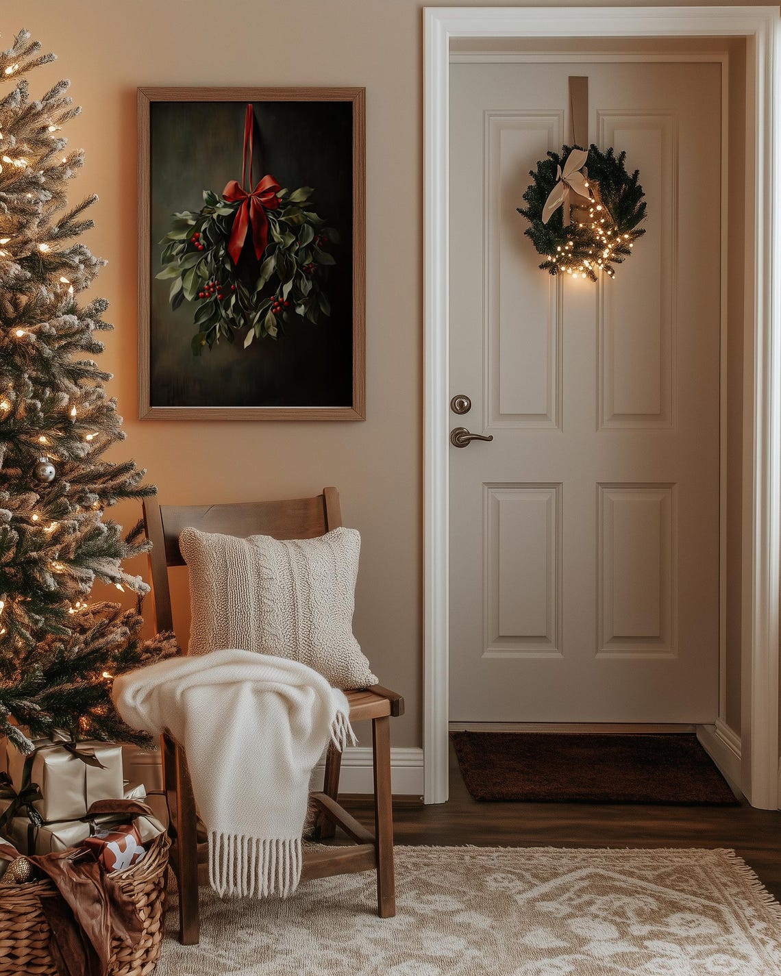 Moody Dark Christmas Wreath with Red Ribbon Vintage Style Poster - Image 5