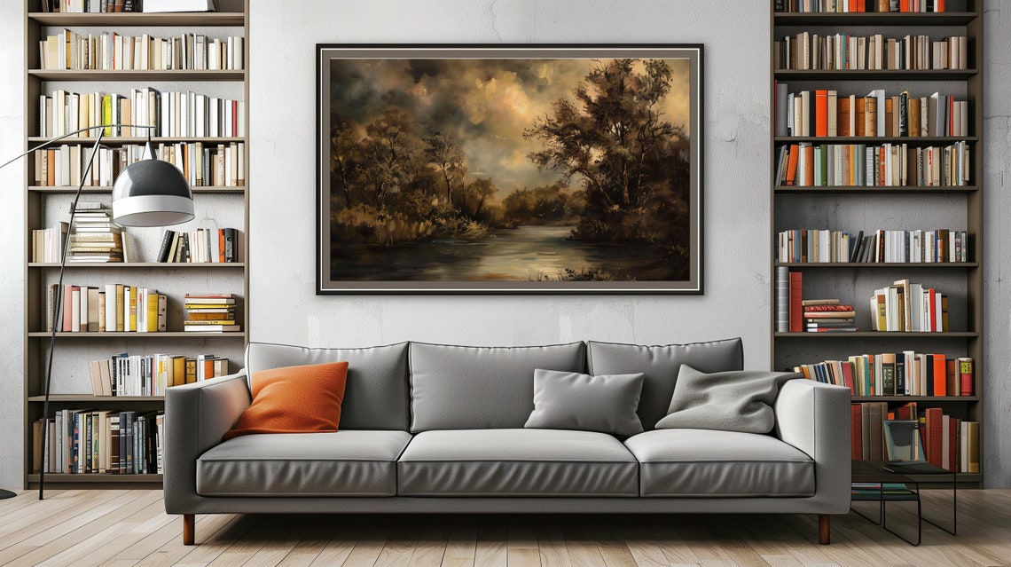 Moody Vintage River Oil Painting Print Scenic Outdoors River Trees With Sunlight Wall Decor Instant Print - Image 2