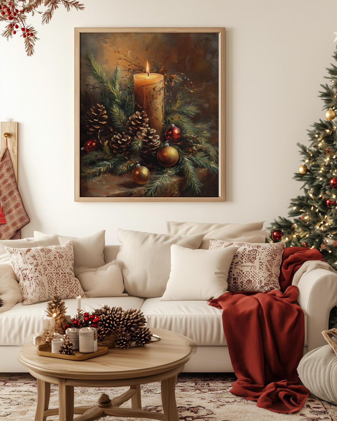 Glowing Christmas Candle with Pinecones Ornaments Still Life Poster - Image 2