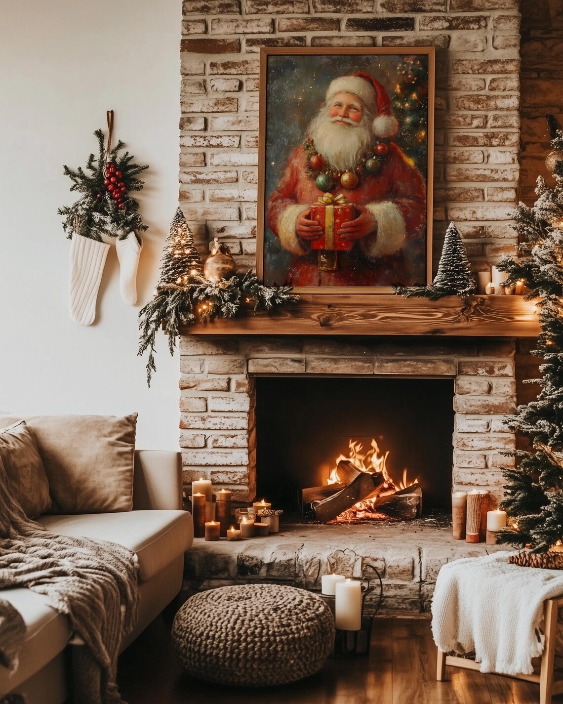 Jolly Santa Claus Holding Gift Vintage Style Christmas Painting Poster - Image 3