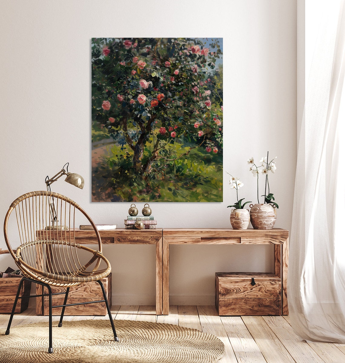 Blooming Pink Rose Bush In Sunlit Garden Impressionist Art Poster - Image 2